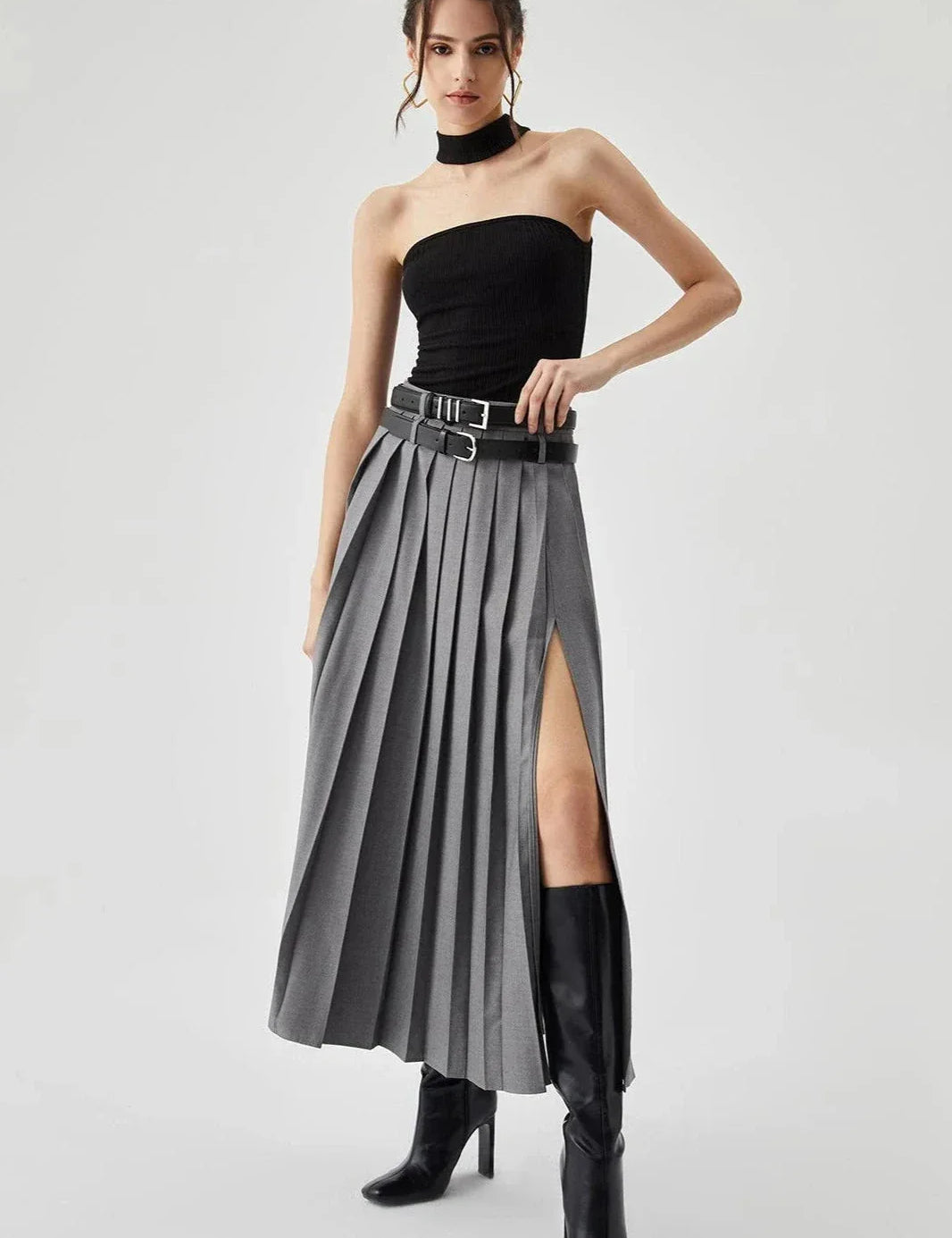 Women Pleated Midi Skirt | High Waist Side Slit Casual Wear-Women Skirt-Homefinn