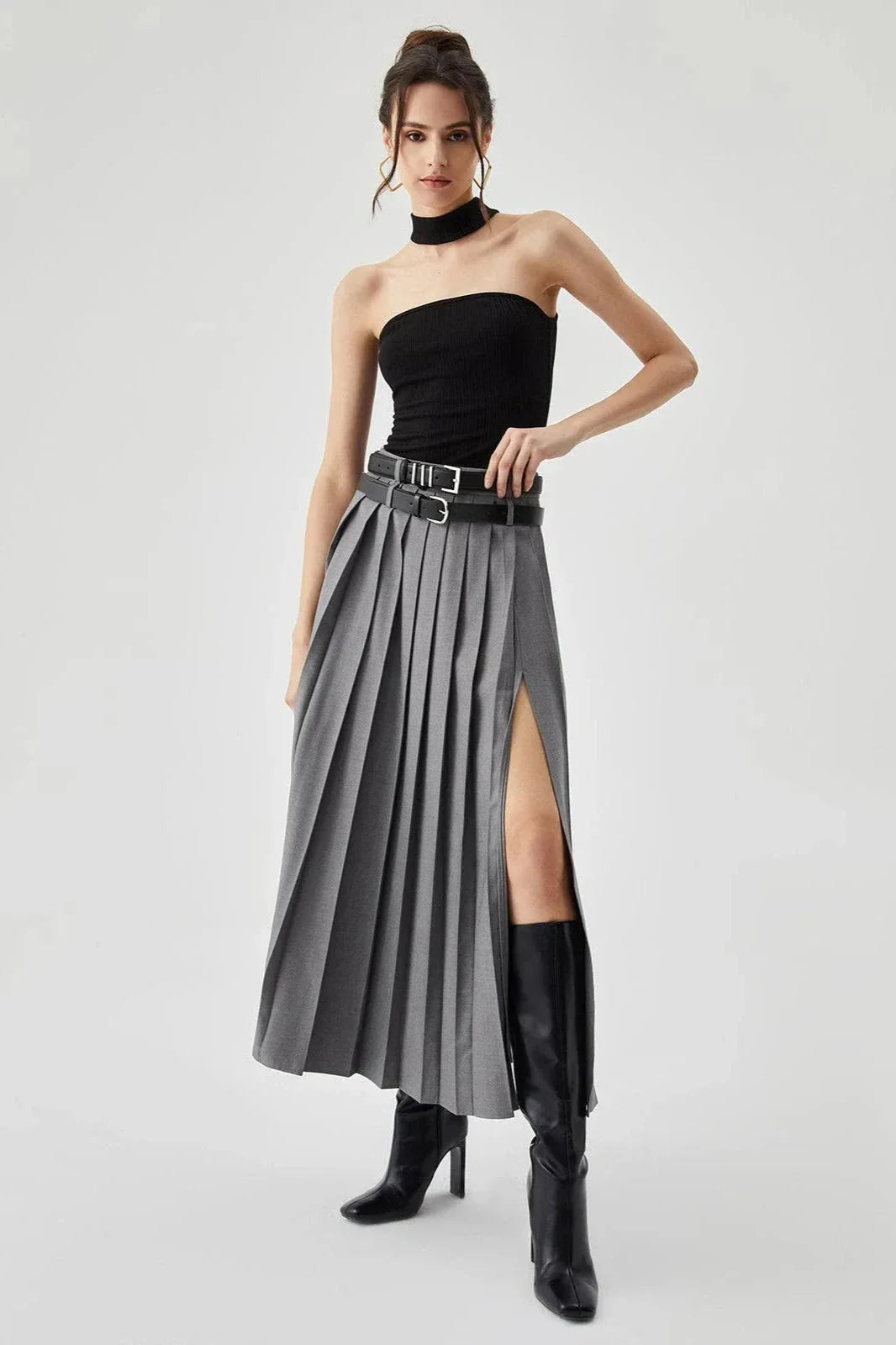 Women Pleated Midi Skirt | High Waist Side Slit Casual Wear-Women Skirt-Homefinn