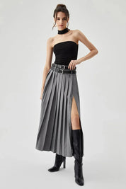 Women Pleated Midi Skirt | High Waist Side Slit Casual Wear-Women Skirt-Homefinn