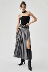Women's Pleated Midi Skirt | High Waist Side Slit Casual Wear