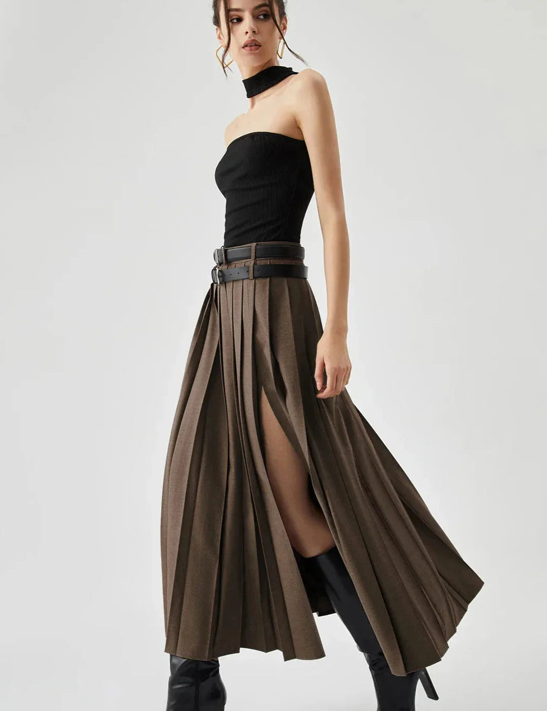 Women Pleated Midi Skirt | High Waist Side Slit Casual Wear-Women Skirt-Homefinn