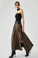 Women's Pleated Midi Skirt | High Waist Side Slit Casual Wear