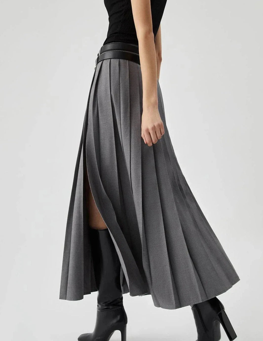 Women Pleated Midi Skirt | High Waist Side Slit Casual Wear-Women Skirt-Homefinn