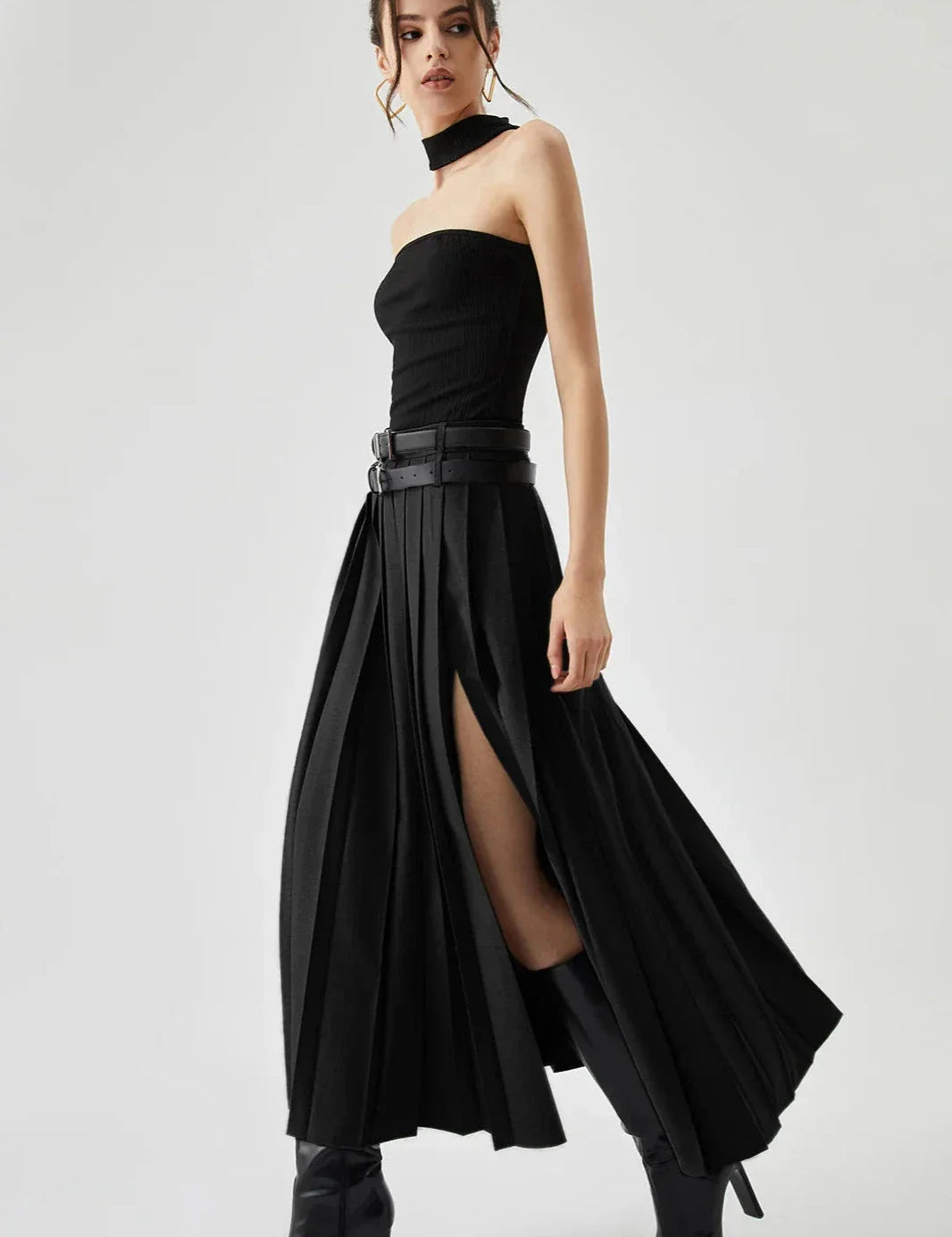 Women Pleated Midi Skirt | High Waist Side Slit Casual Wear-Women Skirt-Homefinn
