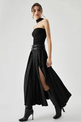 Women's Pleated Midi Skirt | High Waist Side Slit Casual Wear