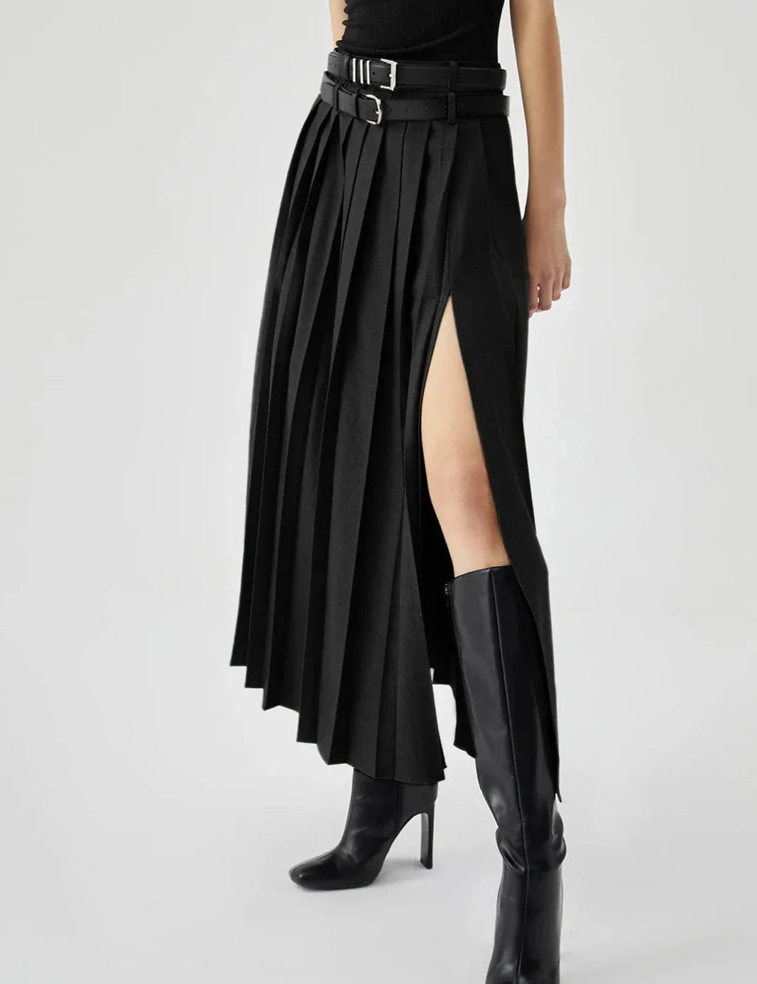 Women Pleated Midi Skirt | High Waist Side Slit Casual Wear-Women Skirt-Homefinn