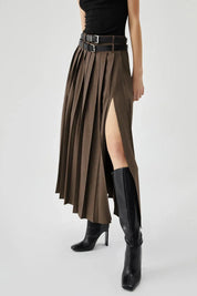 Women Pleated Midi Skirt | High Waist Side Slit Casual Wear-Women Skirt-Homefinn