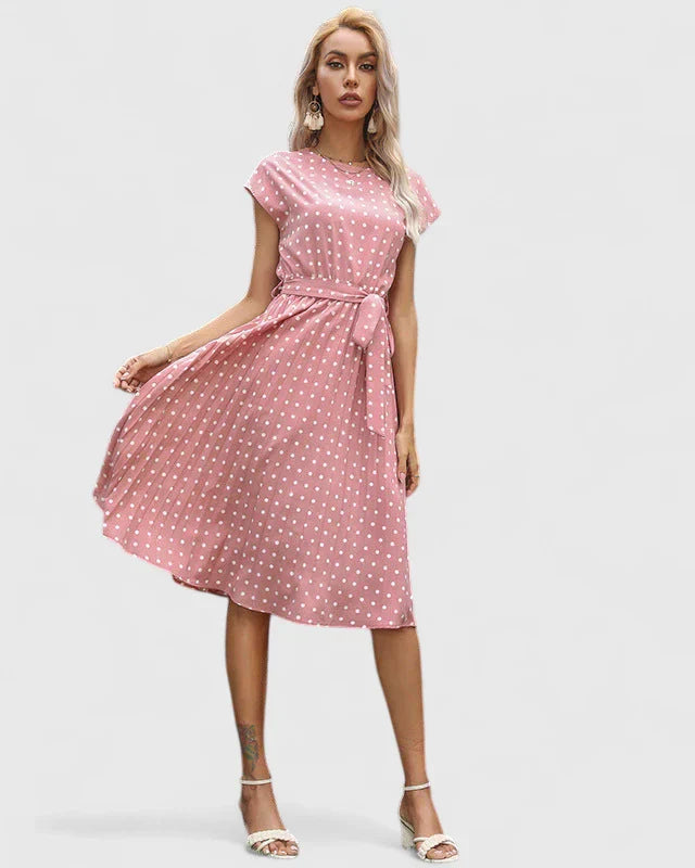 Women Polka Dot Midi Dress | Short Sleeve Belted Casual Wear-Women Dress-Homefinn