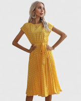 Women's Polka Dot Midi Dress | Short Sleeve Belted Casual Wear