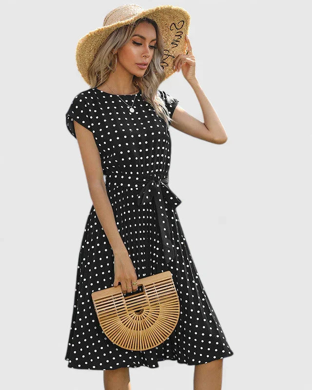 Women Polka Dot Midi Dress | Short Sleeve Belted Casual Wear-Women Dress-Homefinn