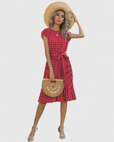 Women's Polka Dot Midi Dress | Short Sleeve Belted Casual Wear