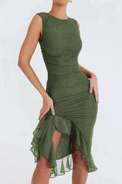 Women Ruched Midi Dress | Sleeveless Side Slit Occasion Wear-Women Dress-Homefinn