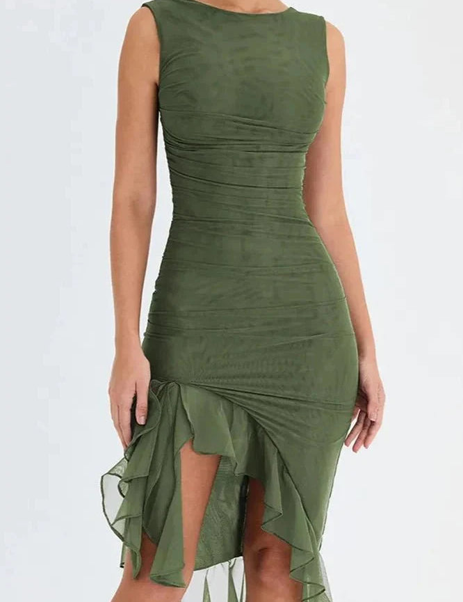Women Ruched Midi Dress | Sleeveless Side Slit Occasion Wear-Women Dress-Homefinn