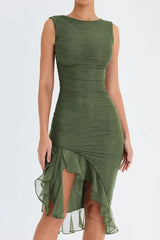Women's Ruched Midi Dress | Sleeveless Side Slit Occasion Wear