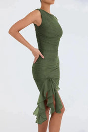 Women Ruched Midi Dress | Sleeveless Side Slit Occasion Wear-Women Dress-Homefinn