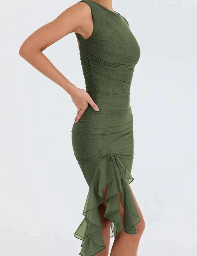 Women Ruched Midi Dress | Sleeveless Side Slit Occasion Wear-Women Dress-Homefinn