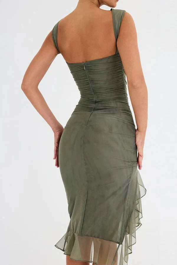 Women Ruched Midi Dress | Sleeveless Side Slit Occasion Wear-Women Dress-Homefinn