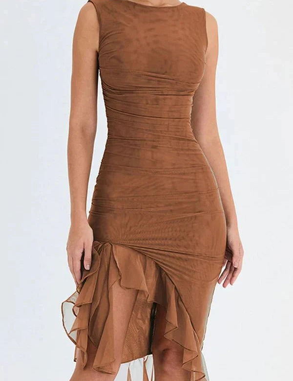 Women Ruched Midi Dress | Sleeveless Side Slit Occasion Wear-Women Dress-Homefinn