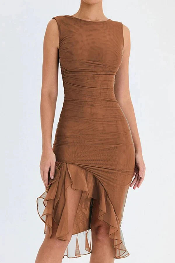 Women Ruched Midi Dress | Sleeveless Side Slit Occasion Wear-Women Dress-Homefinn