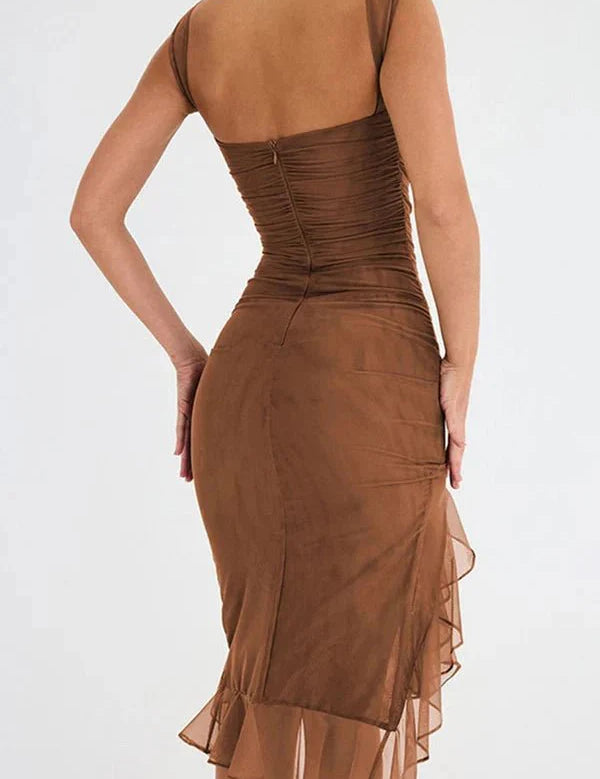 Women Ruched Midi Dress | Sleeveless Side Slit Occasion Wear-Women Dress-Homefinn