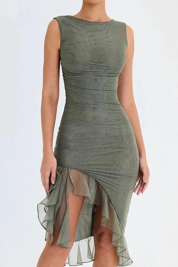 Women Ruched Midi Dress | Sleeveless Side Slit Occasion Wear-Women Dress-Homefinn