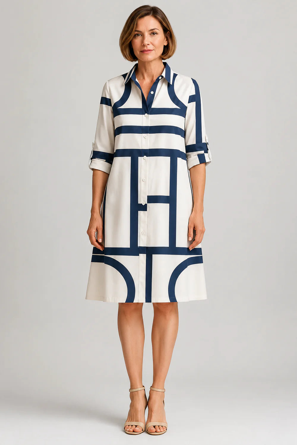Women Geometric Print Shirt Dress | Button Front Collared Everyday Wear