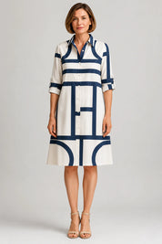 Women Geometric Print Shirt Dress | Button Front Collared Everyday Wear