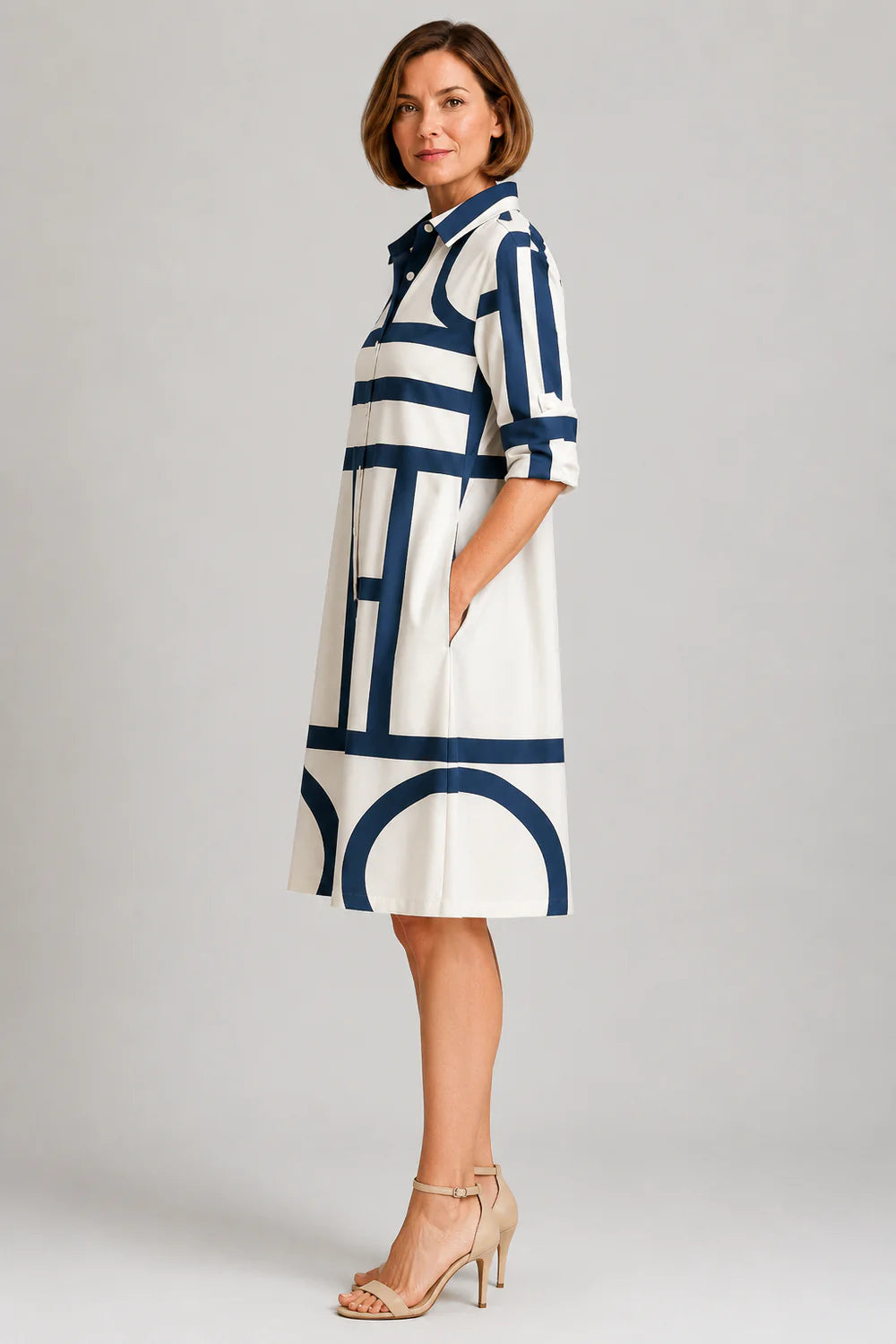 Women Geometric Print Shirt Dress | Button Front Collared Everyday Wear