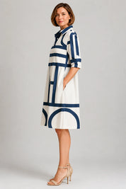 Women Geometric Print Shirt Dress | Button Front Collared Everyday Wear