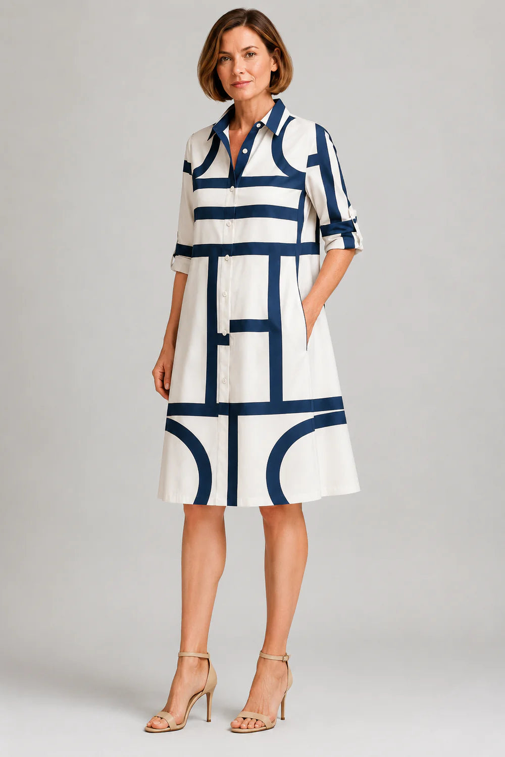 Women Geometric Print Shirt Dress | Button Front Collared Everyday Wear
