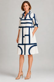 Women Geometric Print Shirt Dress | Button Front Collared Everyday Wear