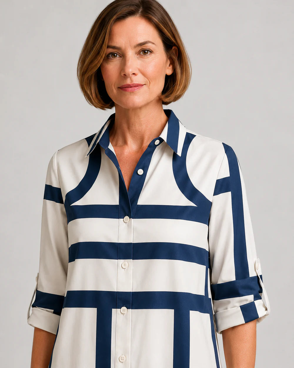 Women Geometric Print Shirt Dress | Button Front Collared Everyday Wear