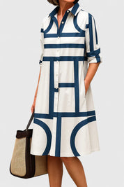 Women Geometric Print Shirt Dress | Button Front Collared Everyday Wear