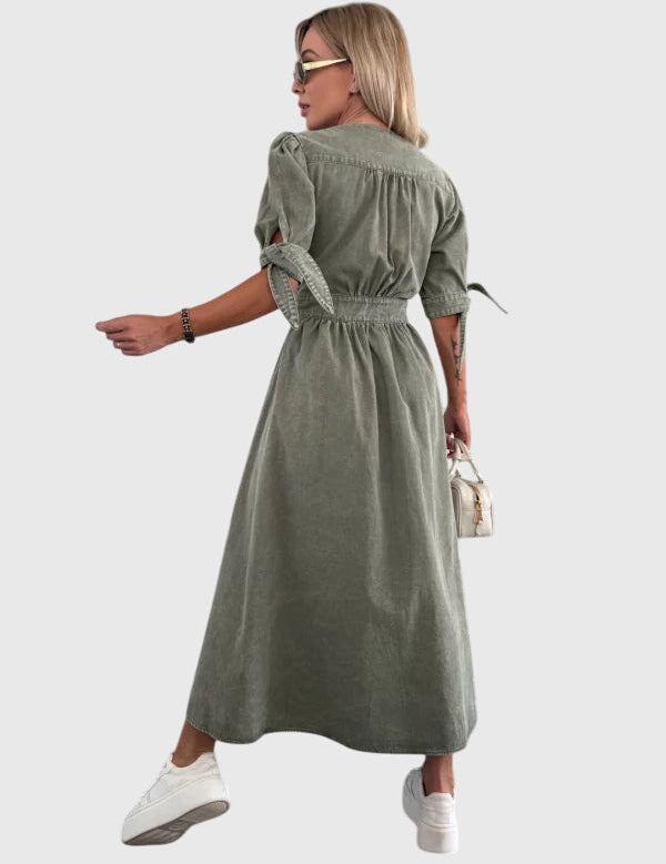 Women Solid Midi Dress | V Neck Button Front Everyday Wear-Women Dress-Homefinn
