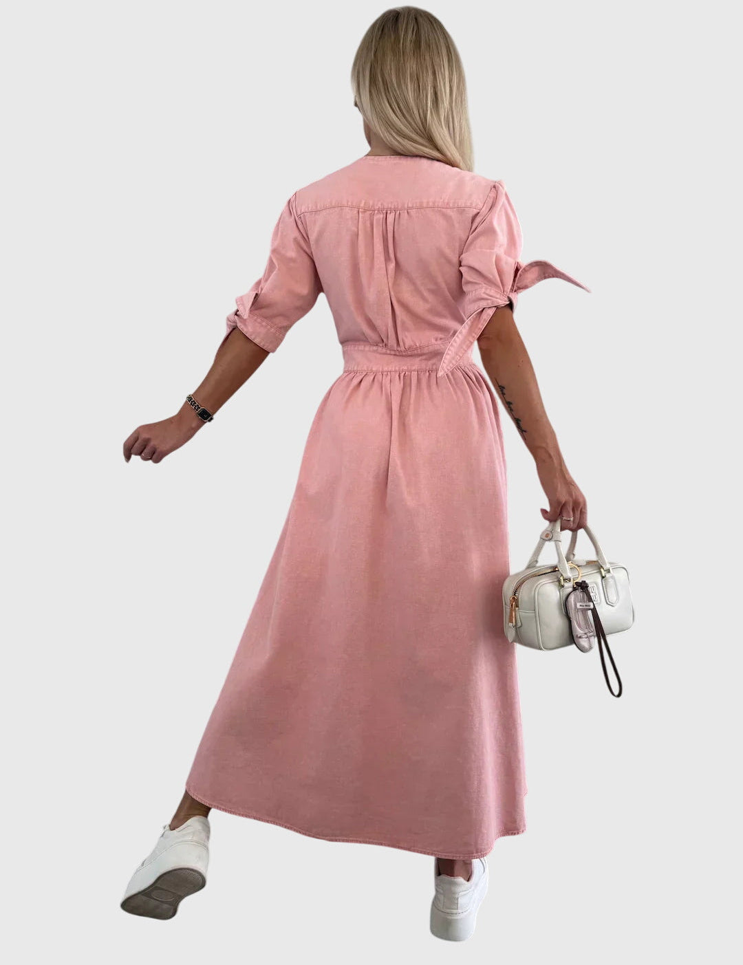 Women Solid Midi Dress | V Neck Button Front Everyday Wear-Women Dress-Homefinn