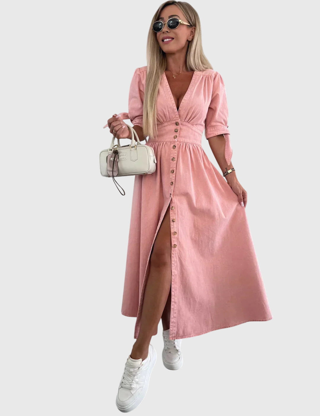 Women Solid Midi Dress | V Neck Button Front Everyday Wear-Women Dress-Homefinn