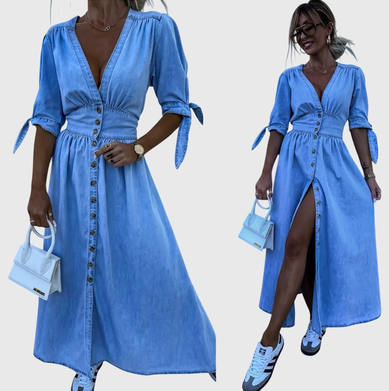 Women Solid Midi Dress | V Neck Button Front Everyday Wear-Women Dress-Homefinn