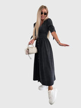 Women Solid Midi Dress | V Neck Button Front Everyday Wear