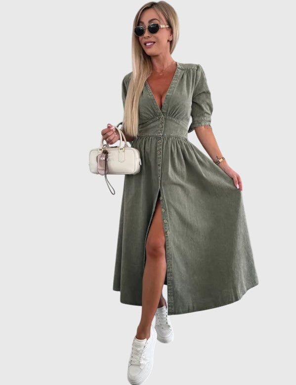 Women Solid Midi Dress | V Neck Button Front Everyday Wear-Women Dress-Homefinn