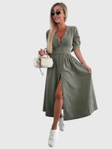 Women Solid Midi Dress | V Neck Button Front Everyday Wear