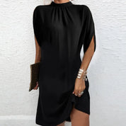 Women Solid Mini Dress | High Neck Draped Everyday Wear-Women Dress-Homefinn