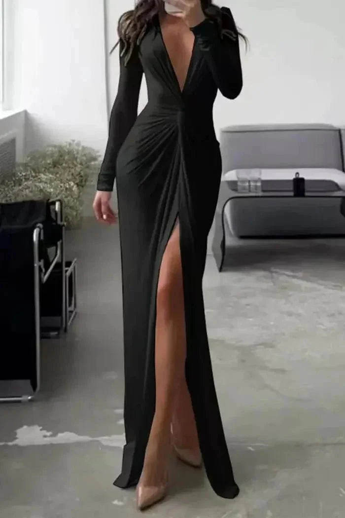 Women Split Maxi Dress | Deep V Neck Long Sleeve Occasion Wear-Women Dress-Homefinn