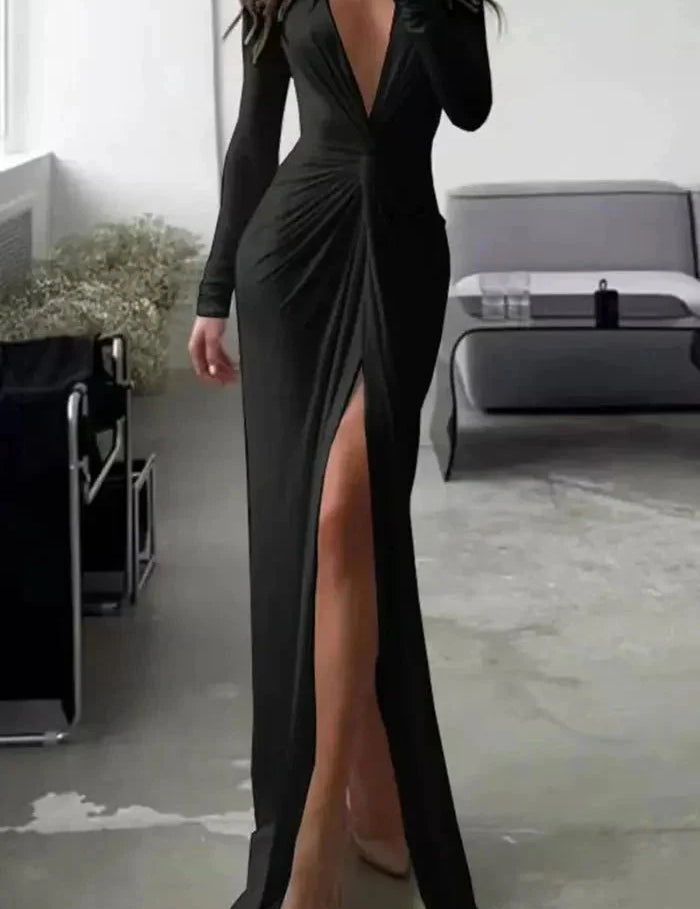 Women Split Maxi Dress | Deep V Neck Long Sleeve Occasion Wear-Women Dress-Homefinn