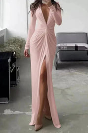 Women Split Maxi Dress | Deep V Neck Long Sleeve Occasion Wear-Women Dress-Homefinn