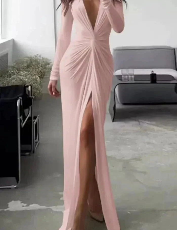 Women Split Maxi Dress | Deep V Neck Long Sleeve Occasion Wear-Women Dress-Homefinn