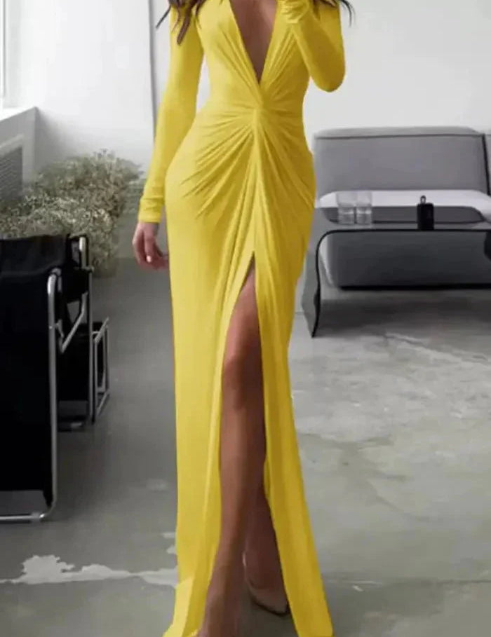 Women Split Maxi Dress | Deep V Neck Long Sleeve Occasion Wear-Women Dress-Homefinn