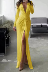 Women's Split Maxi Dress | Deep V Neck Long Sleeve Occasion Wear