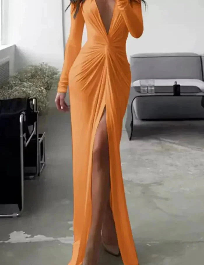 Women Split Maxi Dress | Deep V Neck Long Sleeve Occasion Wear-Women Dress-Homefinn