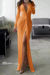 Women's Split Maxi Dress | Deep V Neck Long Sleeve Occasion Wear