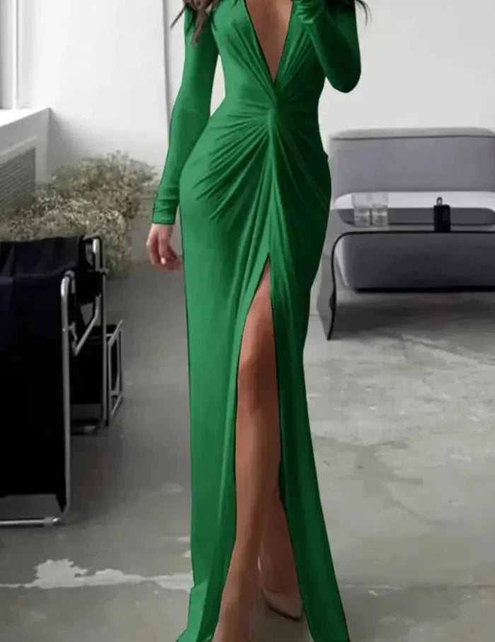 Women Split Maxi Dress | Deep V Neck Long Sleeve Occasion Wear-Women Dress-Homefinn